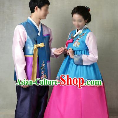 Traditional Korean Costumes Bridegroom and Bride Formal Attire Ceremonial Clothes, Korea Court Embroidered Wedding Clothing for Men for Women