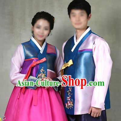 Traditional Korean Costumes Bridegroom and Bride Formal Attire Ceremonial Clothes, Korea Court Embroidered Wedding Clothing for Men for Women