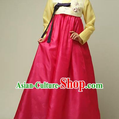 Traditional Korean Costumes Imperial Palace Lady Wedding Yellow Blouse and Red Dress, Asian Korea Hanbok Court Bride Embroidered Clothing for Women