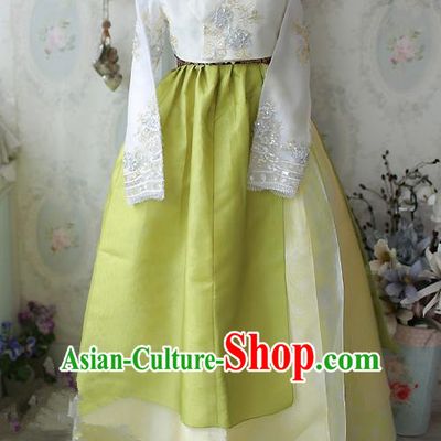 Traditional Korean Costumes Imperial Palace Lady Wedding White Blouse and Green Dress, Asian Korea Hanbok Court Bride Embroidered Clothing for Women