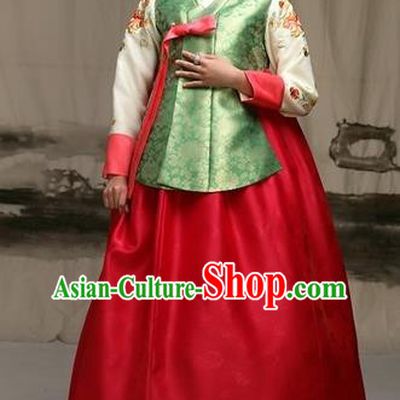 Traditional Korean Costumes Imperial Palace Lady Wedding Green Blouse and Red Dress, Asian Korea Hanbok Court Bride Embroidered Clothing for Women