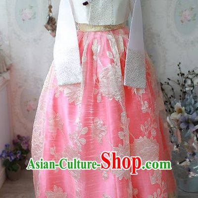 Traditional Korean Costumes Imperial Palace Lady Wedding White Blouse and Pink Dress, Asian Korea Hanbok Court Bride Embroidered Clothing for Women