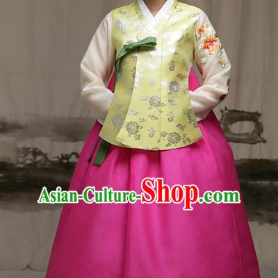 Traditional Korean Costumes Imperial Palace Lady Wedding Green Blouse and Pink Dress, Asian Korea Hanbok Court Bride Embroidered Clothing for Women