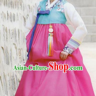 Traditional Korean Costumes Palace Lady Formal Attire Ceremonial Blue Blouse and Pink Dress, Asian Korea Hanbok Bride Embroidered Clothing for Women