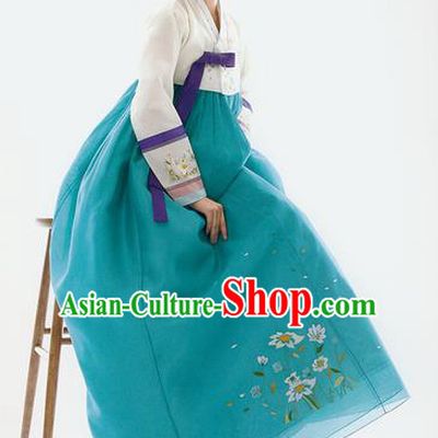 Traditional Korean Costumes Palace Lady Formal Attire Ceremonial White Blouse and Green Dress, Asian Korea Hanbok Bride Embroidered Clothing for Women