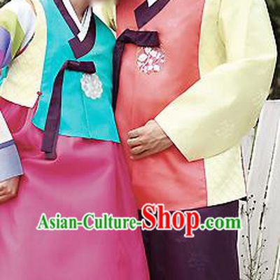 Traditional Korean Costumes Palace Lady Formal Attire Ceremonial Blue Blouse and Pink Dress, Asian Korea Hanbok Bride Embroidered Clothing for Women