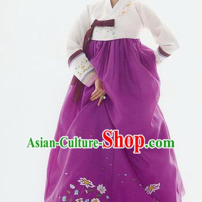 Traditional Korean Costumes Palace Lady Formal Attire Ceremonial Wedding Purple Dress, Asian Korea Hanbok Bride Embroidered Clothing for Women
