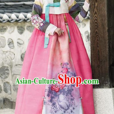 Traditional Korean Costumes Palace Lady Formal Attire Ceremonial Wedding Pink Dress, Asian Korea Hanbok Court Bride Clothing for Women