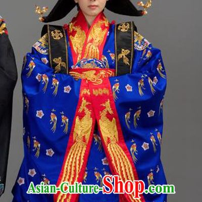Traditional Korean Costumes Bride Formal Attire Ceremonial Queen Blue Full Dress, Korea Court Embroidered Wedding Clothing for Women