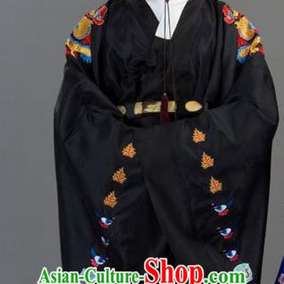 Traditional Korean Costumes Bridegroom Formal Attire Ceremonial Black Cloth, Asian Korea Emperor Hanbok Embroidered Clothing for Men