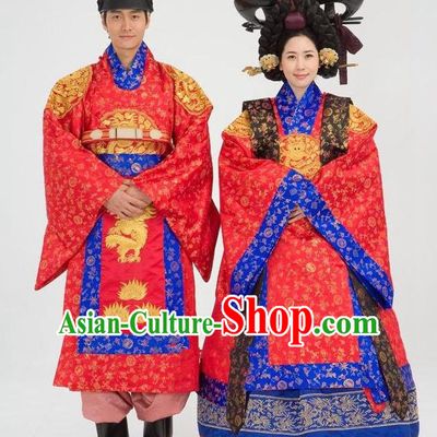 Traditional Korean Costumes Emperor and Empress Formal Attire Ceremonial Wedding Red Clothing, Asian Korea Hanbok Embroidered Clothing for Women for Men