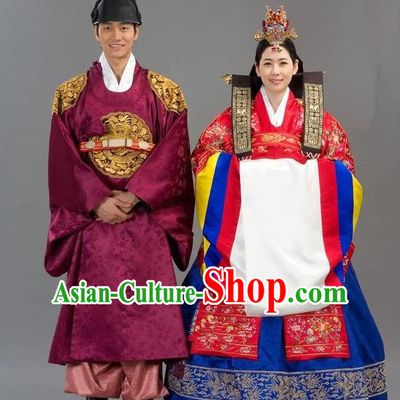 Traditional Korean Costumes Emperor and Empress Formal Attire Ceremonial Wedding Red Clothing, Asian Korea Hanbok Embroidered Clothing for Women for Men
