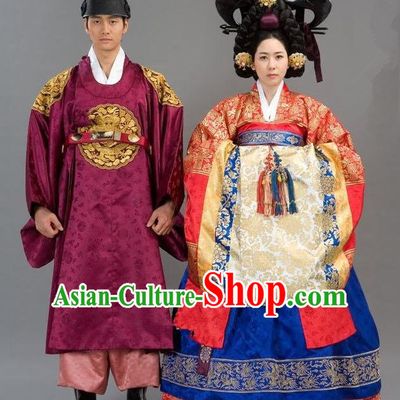 Traditional Korean Costumes Emperor and Empress Formal Attire Ceremonial Wedding Red Clothing, Asian Korea Hanbok Embroidered Clothing for Women for Men