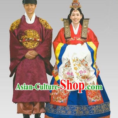 Traditional Korean Costumes Emperor and Empress Formal Attire Ceremonial Wedding Clothing, Asian Korea Hanbok Embroidered Clothing for Women for Men