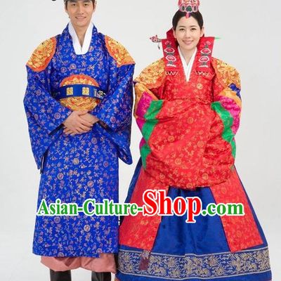 Traditional Korean Costumes Emperor and Empress Formal Attire Ceremonial Wedding Clothing, Asian Korea Hanbok Embroidered Clothing for Women for Men