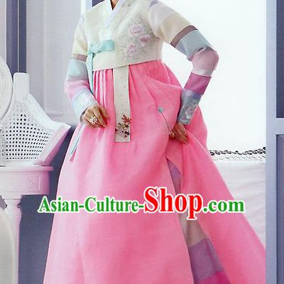 Traditional Korean Costumes Palace Lady Formal Attire Ceremonial Pink Dress, Asian Korea Hanbok Bride Embroidered Clothing for Women