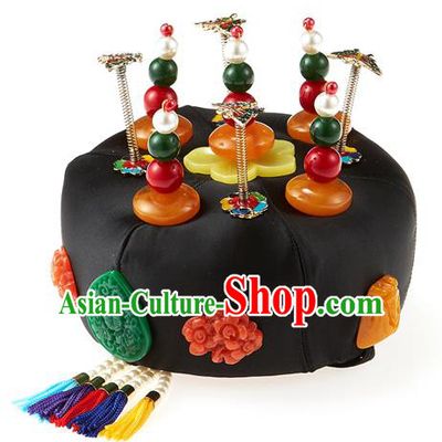 Traditional Korean Hats Palace Lady Formal Attire Ceremonial Hair Accessories, Asian Korea Hanbok Bride Embroidered Headwear for Women