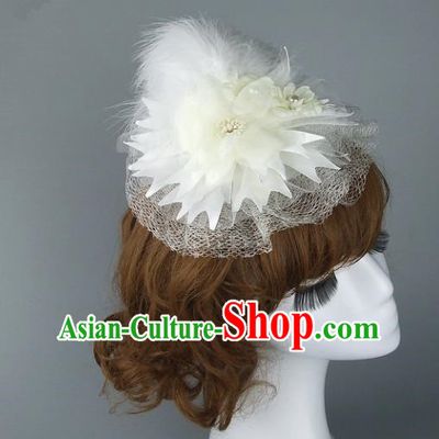 Top Grade Handmade Wedding Hair Accessories White Feather Top Hat, Baroque Style Bride Headwear for Women