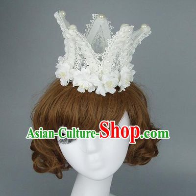 Top Grade Handmade Princess Hair Accessories Model Show White Flowers Royal Crown, Baroque Style Bride Deluxe Headwear for Women