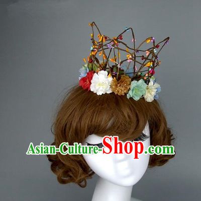 Top Grade Handmade Princess Hair Accessories Model Show Rattan Flowers Royal Crown, Baroque Style Bride Deluxe Headwear for Women