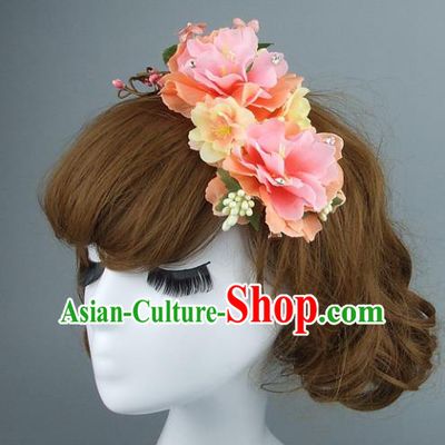 Top Grade Handmade Wedding Hair Accessories Model Show Pink Flowers Hair Stick, Baroque Style Bride Deluxe Headwear for Women