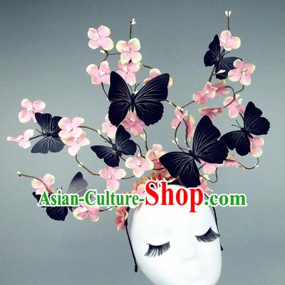 Asian China Butterfly Pink Flowers Hair Accessories Model Show Headdress, Halloween Ceremonial Occasions Miami Deluxe Headwear