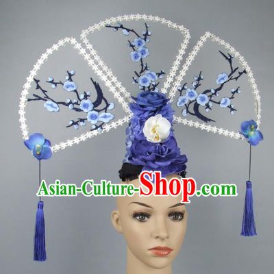 Asian China Theatrical Ornamental Embroidery Hair Accessories Model Show Headdress, Traditional Chinese Manchu Lady Headwear for Women
