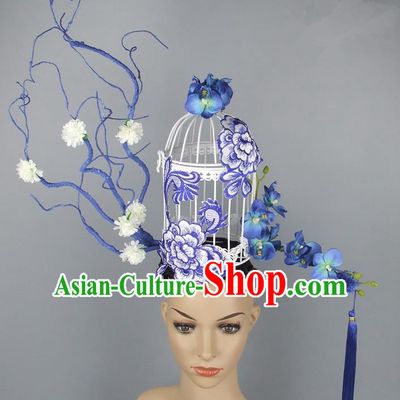 Asian China Theatrical Ornamental Hair Accessories Model Show Embroidery Headdress, Traditional Chinese Manchu Lady Headwear for Women