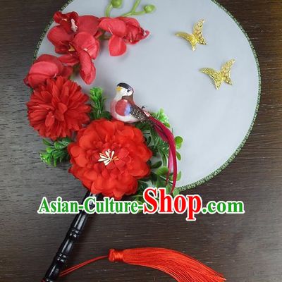 Traditional Handmade Chinese Ancient Wedding Round Fans, Hanfu Palace Lady Red Peony Flowers Bride Mandarin Fans for Women