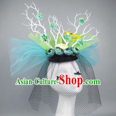 Asian China Green Veil Hair Accessories Model Show Headdress, Halloween Ceremonial Occasions Miami Deluxe Headwear