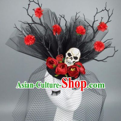 Asian China Black Veil Hair Accessories Model Show Embroidery Headdress, Halloween Ceremonial Occasions Miami Deluxe Headwear