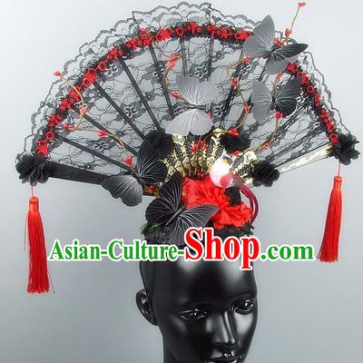 Traditional Handmade Chinese Ancient Hair Accessories, Qin Dynasty Queen Hat Black Lace Headwear Hair Fascinators Tuinga for Women