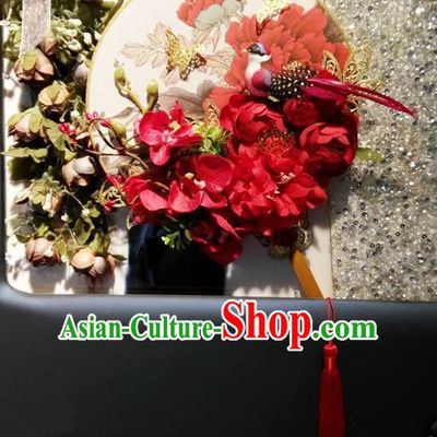 Traditional Handmade Chinese Ancient Wedding Red Flowers Round Fans, Hanfu Palace Lady Bride Mandarin Fans for Women