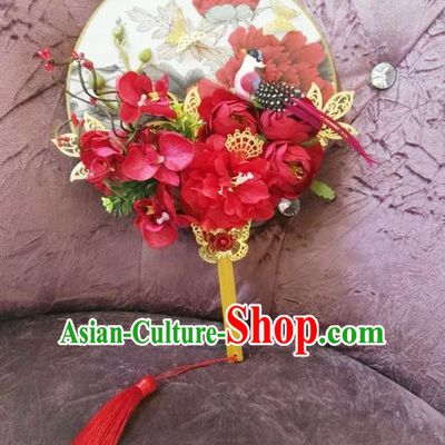 Traditional Handmade Chinese Ancient Wedding Red Flowers Butterfly Round Fans, Hanfu Palace Lady Bride Mandarin Fans for Women