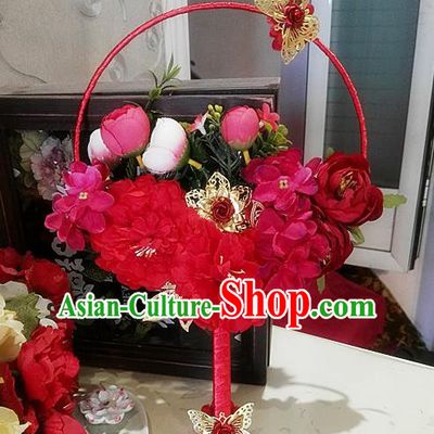 Traditional Handmade Chinese Ancient Wedding Catwalks Round Fans, Hanfu Palace Lady Bride Red Flowers Mandarin Fans for Women