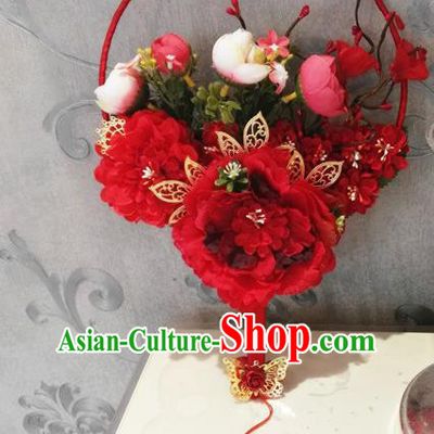 Traditional Handmade Chinese Ancient Wedding Catwalks Round Fans, Hanfu Palace Lady Bride Red Peony Mandarin Fans for Women