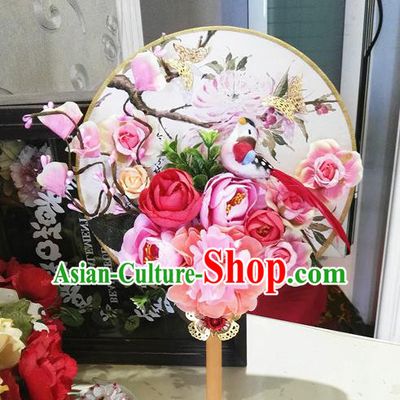 Traditional Handmade Chinese Ancient Wedding Round Fans, Hanfu Palace Lady Bride Pink Rose Mandarin Fans for Women