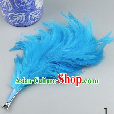 Top Grade Handmade Classical Hair Accessories Princess Blue Feather Bobby Pin, Baroque Style Wedding Bride Hair Claw for Women