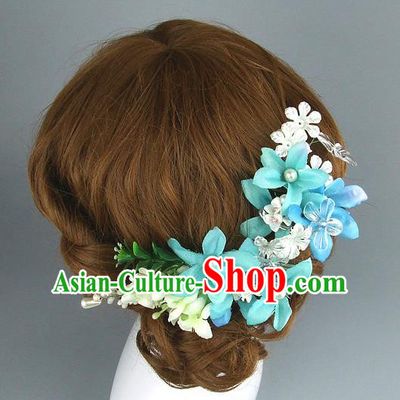 Top Grade Handmade Wedding Hair Accessories Blue Flowers Hair Clasp, Baroque Style Bride Hair Stick Headwear for Women