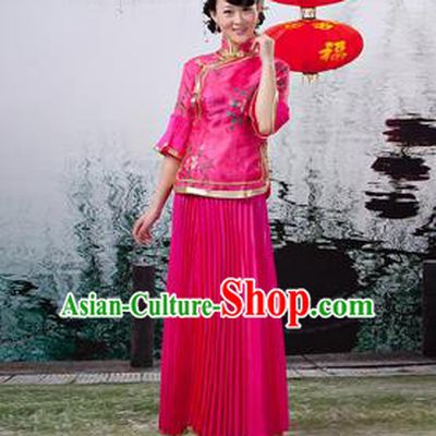 Traditional Ancient Chinese Manchu Nobility Lady Rosy Xiuhe Suit Costume, Asian Chinese Qing Dynasty Embroidered Dress Clothing for Women