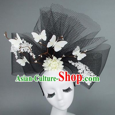 Top Grade Handmade Halloween Hair Accessories Model Show Butterfly Black Veil Hair Stick, Baroque Style Deluxe Headwear for Women
