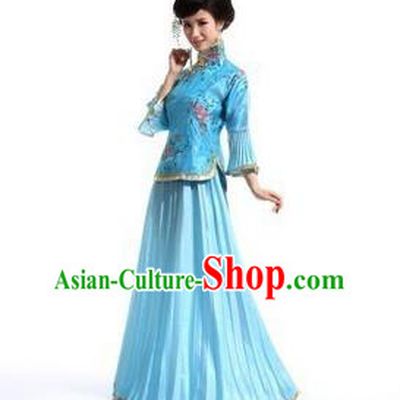 Traditional Ancient Chinese Manchu Nobility Lady Blue Xiuhe Suit Costume, Asian Chinese Qing Dynasty Embroidered Dress Clothing for Women