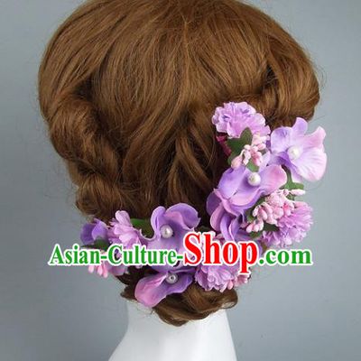 Top Grade Handmade Wedding Hair Accessories Purple Flowers Pearls Hair Clasp, Baroque Style Bride Headwear for Women