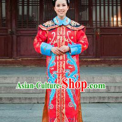 Traditional Ancient Chinese Manchu Palace Lady Costume, Asian Chinese Qing Dynasty Empress Dowager Dress Red Clothing for Women
