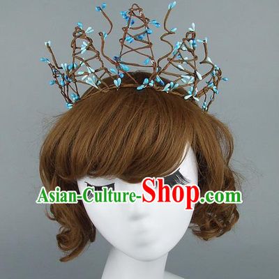 Top Grade Handmade Wedding Hair Accessories Model Show Rattan Plaited Blue Royal Crown, Baroque Style Bride Deluxe Headwear for Women
