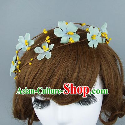 Top Grade Handmade Wedding Hair Accessories Model Show Light Blue Flowers Hair Clasp, Baroque Style Bride Deluxe Headwear for Women