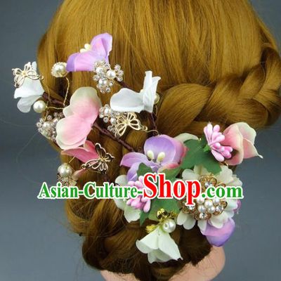 Top Grade Handmade Wedding Hair Accessories Pearls Silk Flowers Hair Stick, Baroque Style Bride Headwear for Women