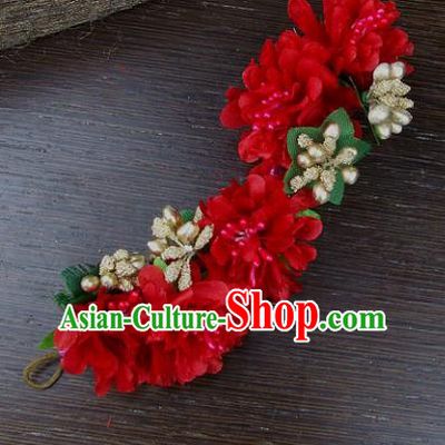Top Grade Handmade Wedding Hair Accessories Red Flowers Hair Stick Headpiece, Baroque Style Bride Headwear for Women