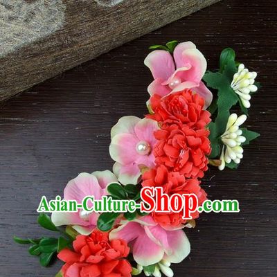 Top Grade Handmade Wedding Hair Accessories Red Silk Flowers Hair Stick Headpiece, Baroque Style Bride Headwear for Women