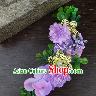 Top Grade Handmade Wedding Hair Accessories Purple Silk Flowers Hair Stick Headpiece, Baroque Style Bride Headwear for Women